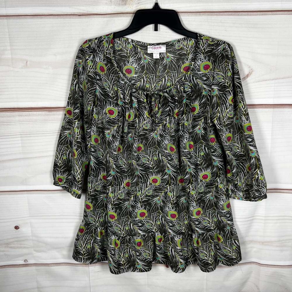Liberty of London Target Peasant Top Womens S Green Peacock Feather Print Tiered